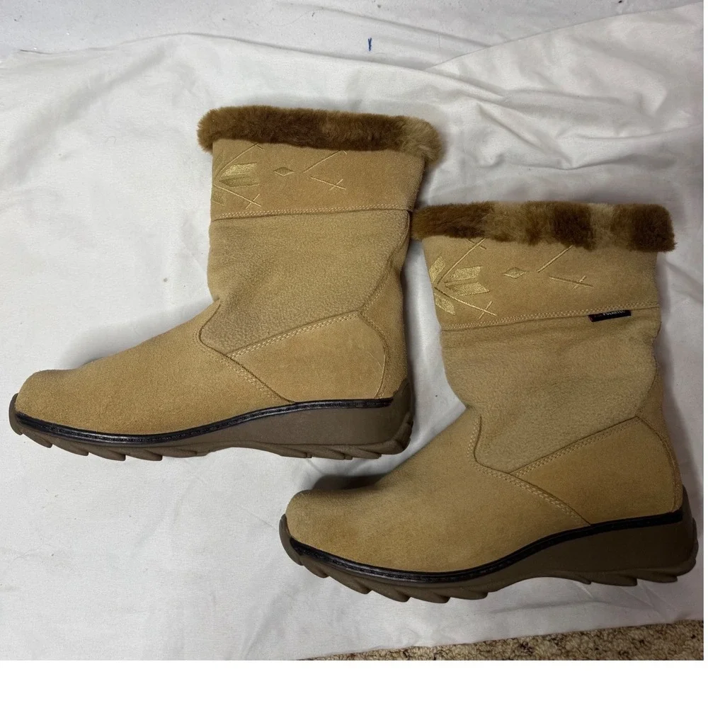 Sports Polartec Tan Suede Winter Boots Faux Fur Trim Embroidered Mid Calf Women